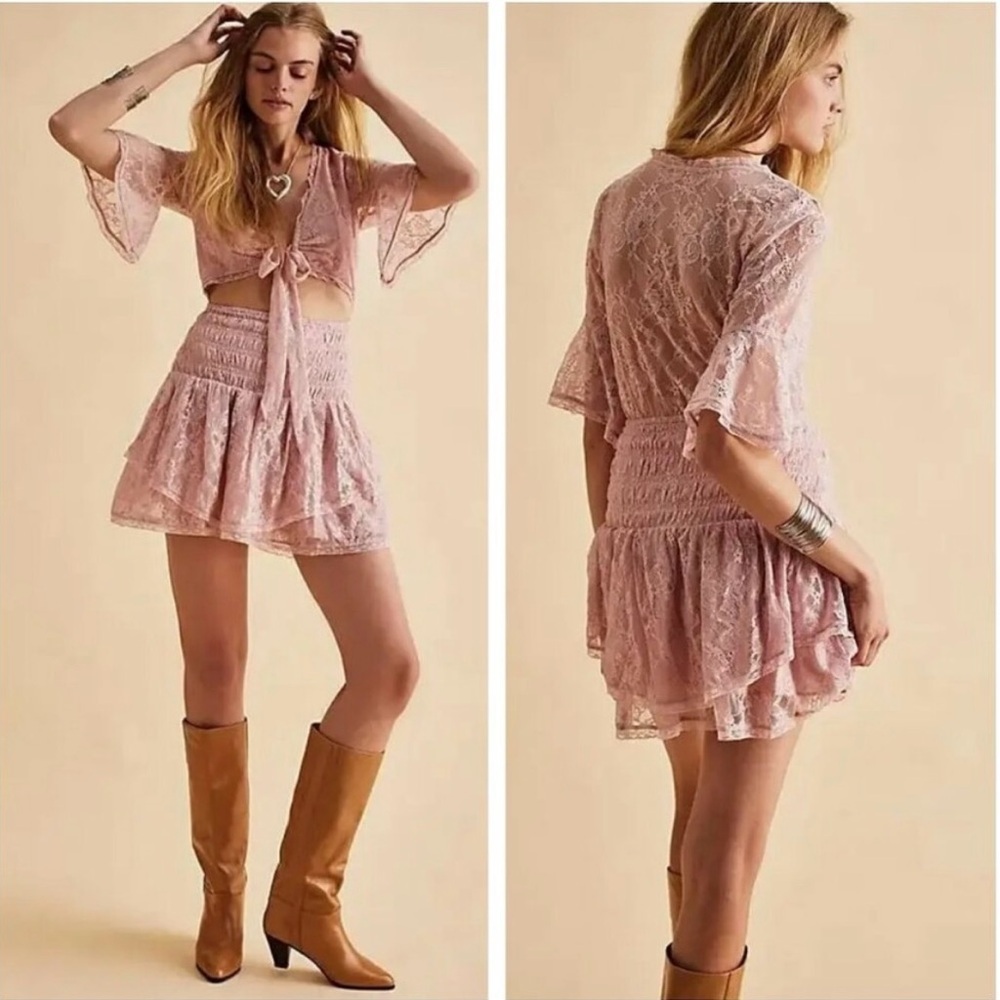 Free People LaLa Lace Mini Dress in Pink.  Size Medium